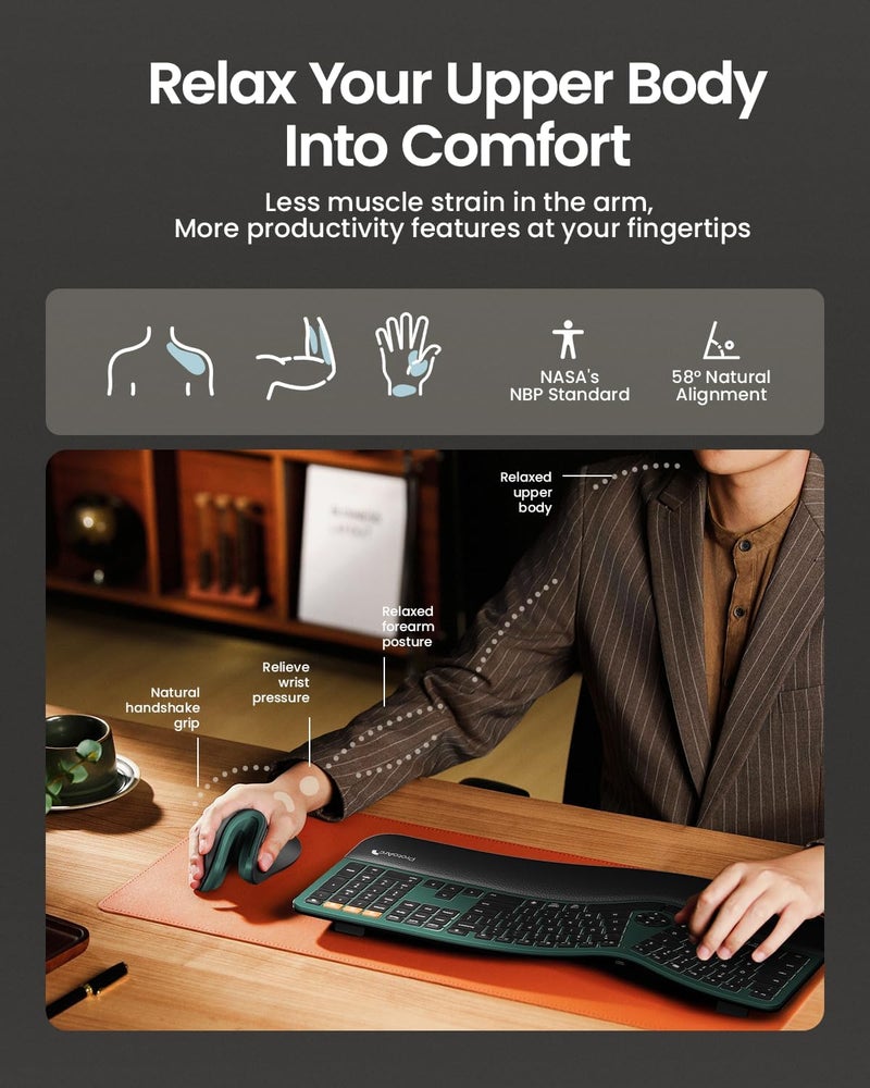 ProtoArc Ergonomic Mouse, EM11 NL Wireless Vertical Mouse, Ergo Mouse with Multi-Device, USB-C Rechargeable Mice for Windows, Mac OS, PC/Notebook/Laptop,Green - Image 4